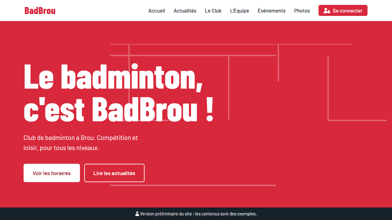 Page d'accueil du site du club de badminton BadBrou